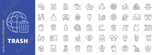 Trash and recycling editable line icons set. waste and disposal symbols