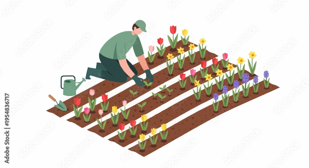 Naklejka premium Gardener Tending Colorful Flower Bed A Springtime Scene