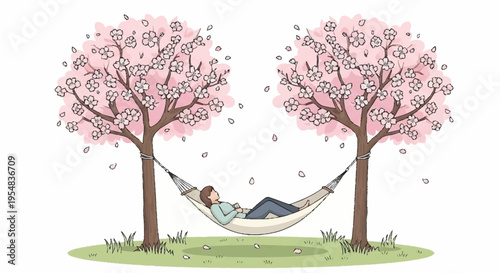 Serene Escape Relaxing in a Hammock Under Blooming Cherry Trees