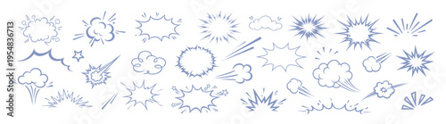 Comic boom burst, explosive motion line elements, speed effect, explosive smoke, cartoon vector icon set, hand drawn dynamic action elements on transparent background