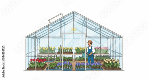 Vibrant Greenhouse Scene with Florist Growing Colorful Flowers