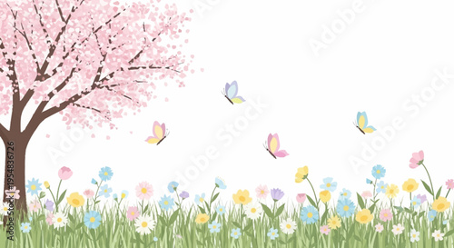 Spring Blossom Landscape with Butterflies and Flowers