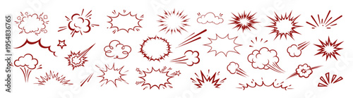 Cartoon comic speed lines, explosion effects, boom burst elements, hand drawn doodle sketch style, vector illustration set on transparent background