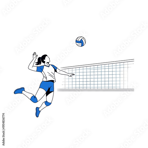 Female Volleyball Player Jumping to Spike Ball Over Net Illustration