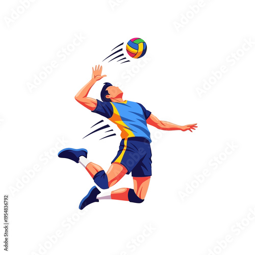 Male Volleyball Player Jumping and Spiking Ball in Mid-Air, Dynamic Sports Action Illustration