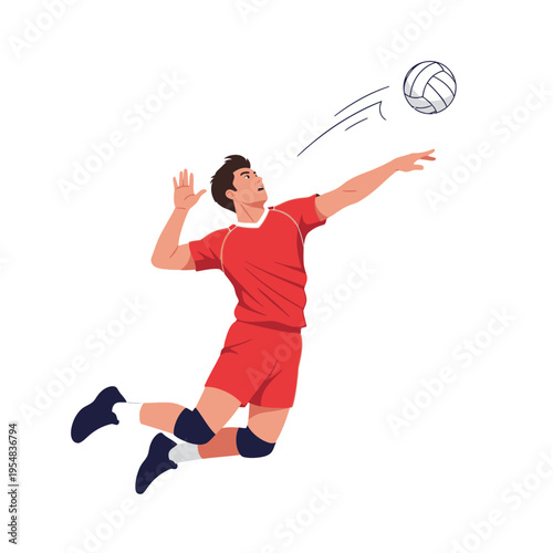 Male volleyball player jumping to spike ball during game, action shot, isolated on white