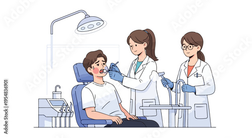 Illustration of a male patient sitting in a blue dentist chair with two female dentists in white coats examining him in a clinical setting.