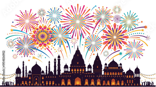 Silhouette of a historic Indian palace with colorful fireworks exploding above it against a white background, conveying a celebratory mood.