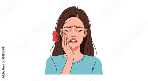 Illustration of a woman with long brown hair holding her cheek in discomfort against a plain white background with a toothache and floral theme.