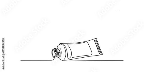 Continuous line drawing of a toothpaste tube on a white background for dental hygiene.