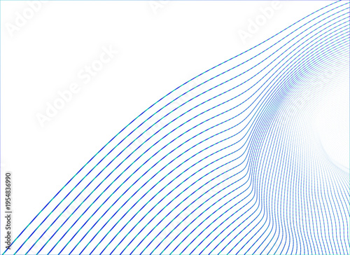 白背景に広がる細いブルーラインのシンプルなウェーブ構成・ミニマルで洗練されたテクノロジー系抽象デザイン素材