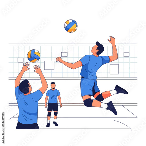 Volleyball Game Action: Players Jumping and Spiking Ball Over Net, Outdoor Beach Sport