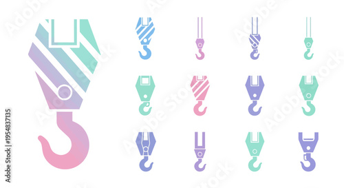Collection of Industrial Crane Hooks with Gradient Colors.