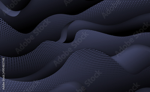 立体感のあるダークトーンの波形とドットパターンが重なる抽象背景・高級感とテクノロジー感を兼ね備えたモダンデザイン素材