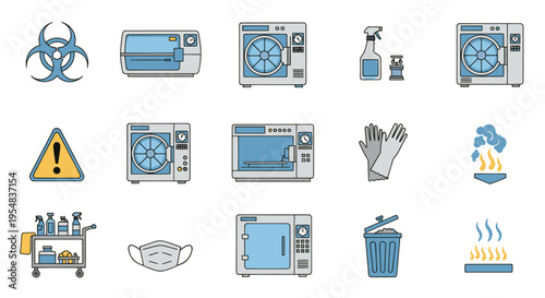 Set of Sterilization Cleaning and Biohazard Safety Icons.