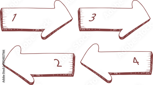 ラフな手描き風テクスチャで描かれた方向指示矢印セット・ナンバリング付きでプレゼンや解説に使いやすいビジュアル素材