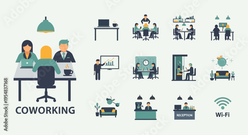 Coworking space and shared office environment flat design vector icon set.