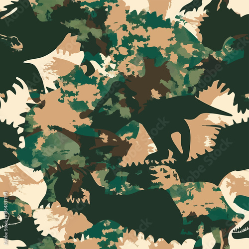 Seamless camouflage pattern with dinosaurs hidden in jungle foliage. Stylized prehistoric animals blended with abstract camo shapes in earthy green tones, ideal for textiles, prints and adventurous de
