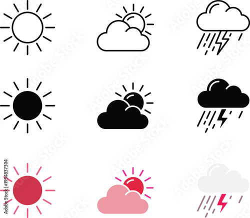 A collection of various weather icons on a white background