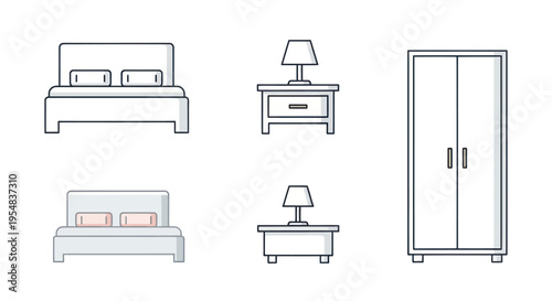 Set of Line Art Icons for Bedroom Furniture.
