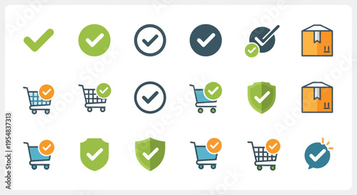 Collection of Colorful Check Marks and Shopping Cart Icons.