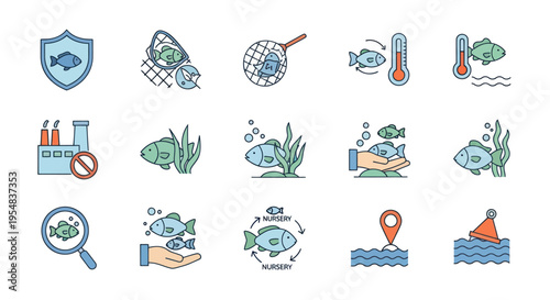 Collection of Icons Representing Fish and Aquatic Life Protection and Management.