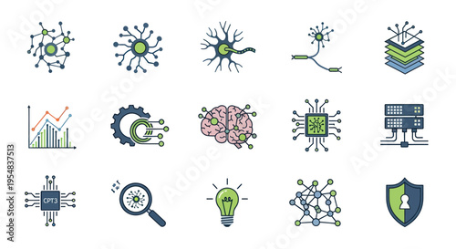 Colorful Hand-Drawn AI Machine Learning and Data Technology Icons Set.