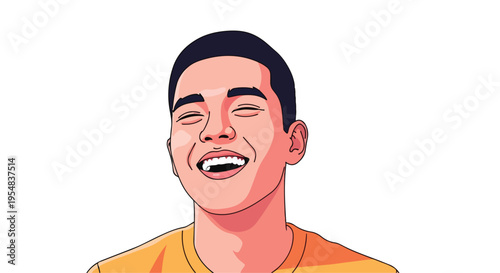 Illustration of a smiling young man with short black hair and an orange shirt against a white background.