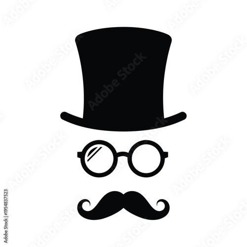 A stylized black silhouette depicts a top hat round spectacles and a classic handlebar mustache high quality