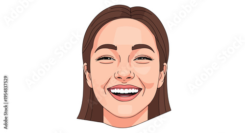 Cartoon illustration of a smiling young woman with brown hair against a white background.