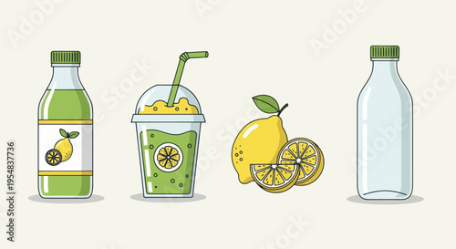 Refreshing Lemon Drinks Smoothie and Fresh Citrus Fruits Vector Illustration.