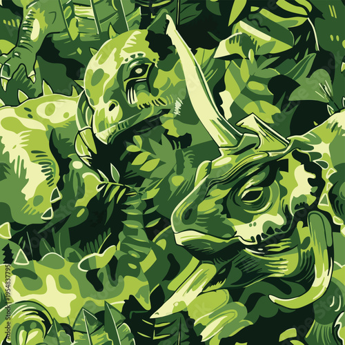 Seamless camouflage pattern with dinosaurs hidden in jungle foliage. Stylized prehistoric animals blended with abstract camo shapes in earthy green tones, ideal for textiles, prints and adventurous de
