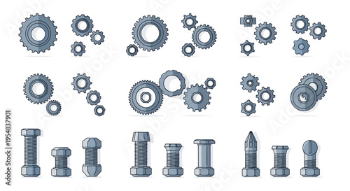 Assortment of Metallic Gears and Bolts Mechanical Components.