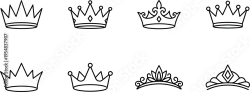 A collection of crown and tiara illustrations in a simple line style