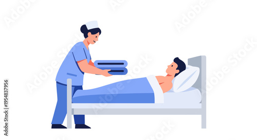 Nurse Delivering Clean Towels to Patient in Hospital Bed.