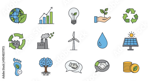 Hand-drawn colorful environmental and ecological sustainability icons set.