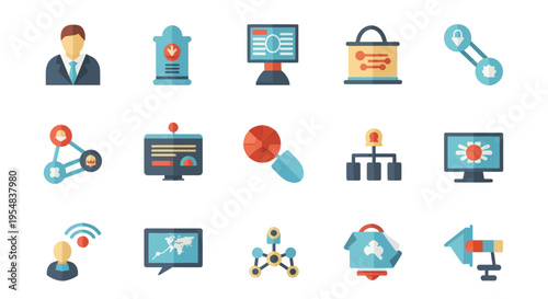 Colorful flat design icon set for business digital marketing technology and web concepts.