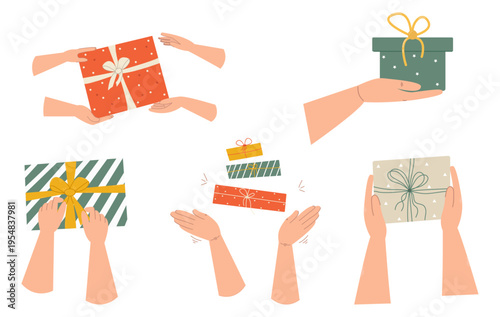 Human hands holding, giving and receiving wrapped gift boxes for celebration.Festive gift design for Christmas, New Year, birthday or celebration. Holiday banner. Flat vector illustration