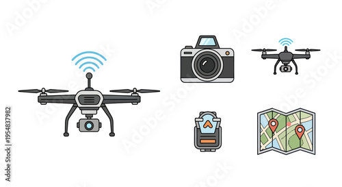 Drone Camera Remote and Map Icons: Aerial Photography and Navigation Set.