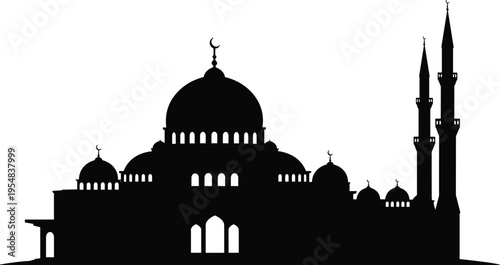 Majestic Islamic mosque silhouette with large central dome and twin minarets, crescent symbols, Ramadan Kareem, Eid Mubarak, Arabic architecture