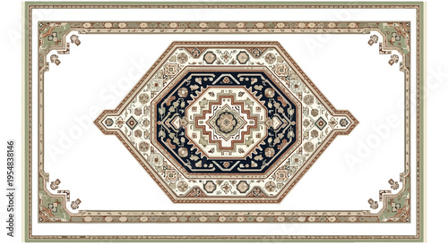 Intricately designed oriental rug with a central geometric pattern in shades of blue, beige, and brown on a white background.