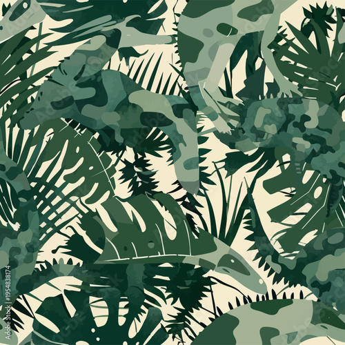 Seamless camouflage pattern with dinosaurs hidden in jungle foliage. Stylized prehistoric animals blended with abstract camo shapes in earthy green tones, ideal for textiles, prints and adventurous de