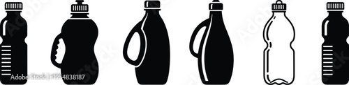 Plastic bottle silhouette set, water and detergent container icons, reusable drink bottles collection for packaging, recycling, beverage design Plastic bottle silhouette set
