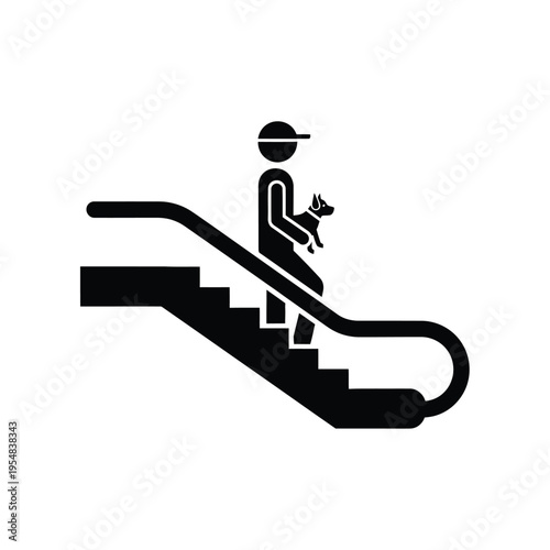A simple black and white pictogram depicts a person with a dog ascending an escalator indoors