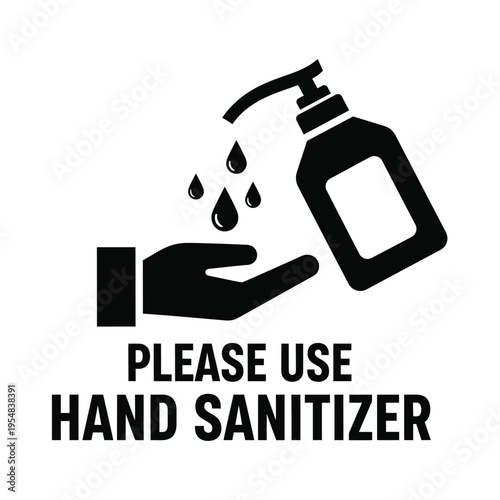 A black and white graphic depicts a hand receiving sanitizer from a pump bottle with text below