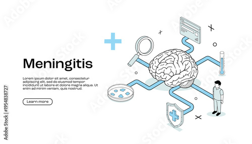 Meningitis medical infographic banner with brain illustration healthcare symbols and diagnostic elements for awareness education.