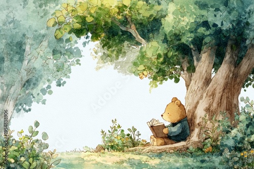 A bear sitting under a tree reading a book.