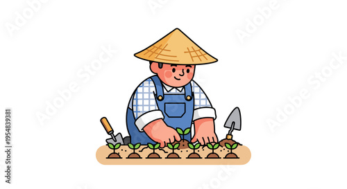 Farmer planting seedlings in soil agriculture work flat illustration