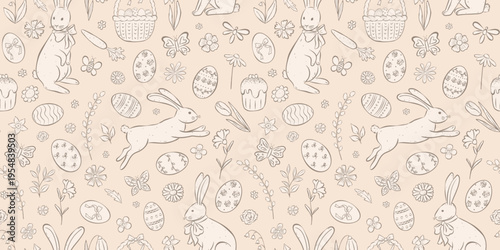 Seamless vintage Easter pattern with hand drawn bunnies, eggs, flowers, cupcakes and spring elements in whimsical line style. Perfect for background, textile, packaging, wallpaper, cover, card.