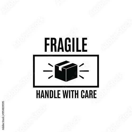 A black and white graphic depicts a fragile package symbol with a box and handling instructions